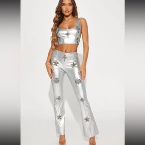 NEW Fashion Nova - Rosalia Faux Leather Pant Set - Silver Size L